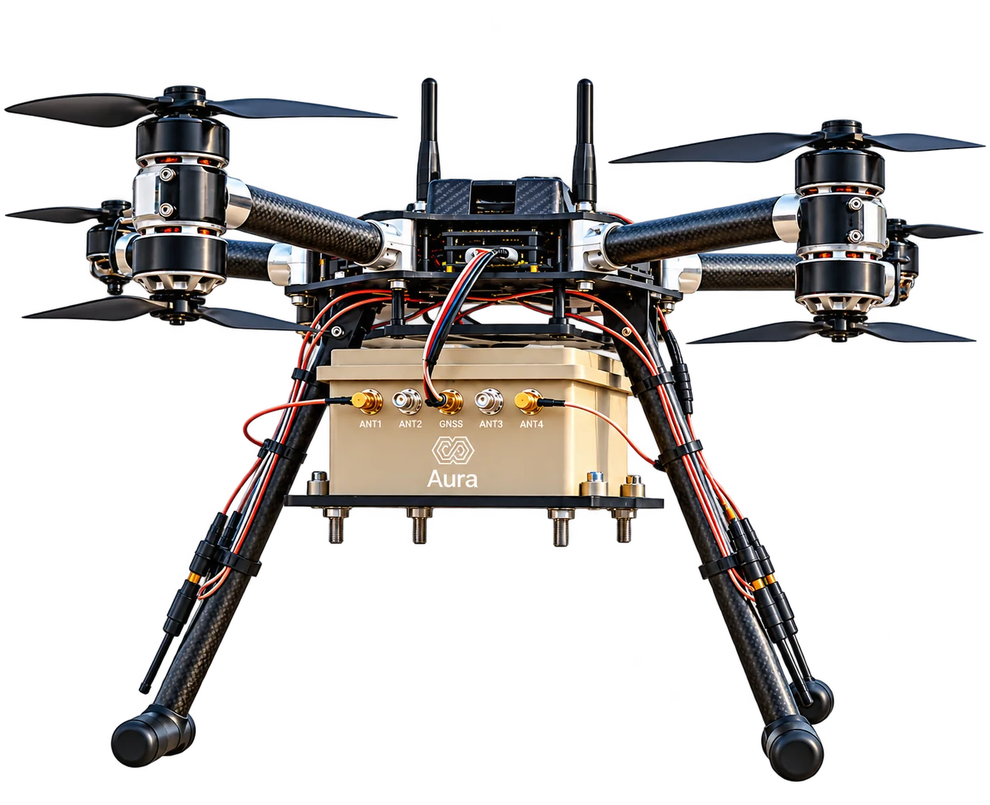 Drone carrying the Aura anti-jamming unit