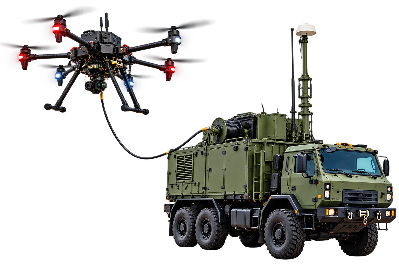Tethered drone flying above its military vehicle, cable running to the truck-mounted winch