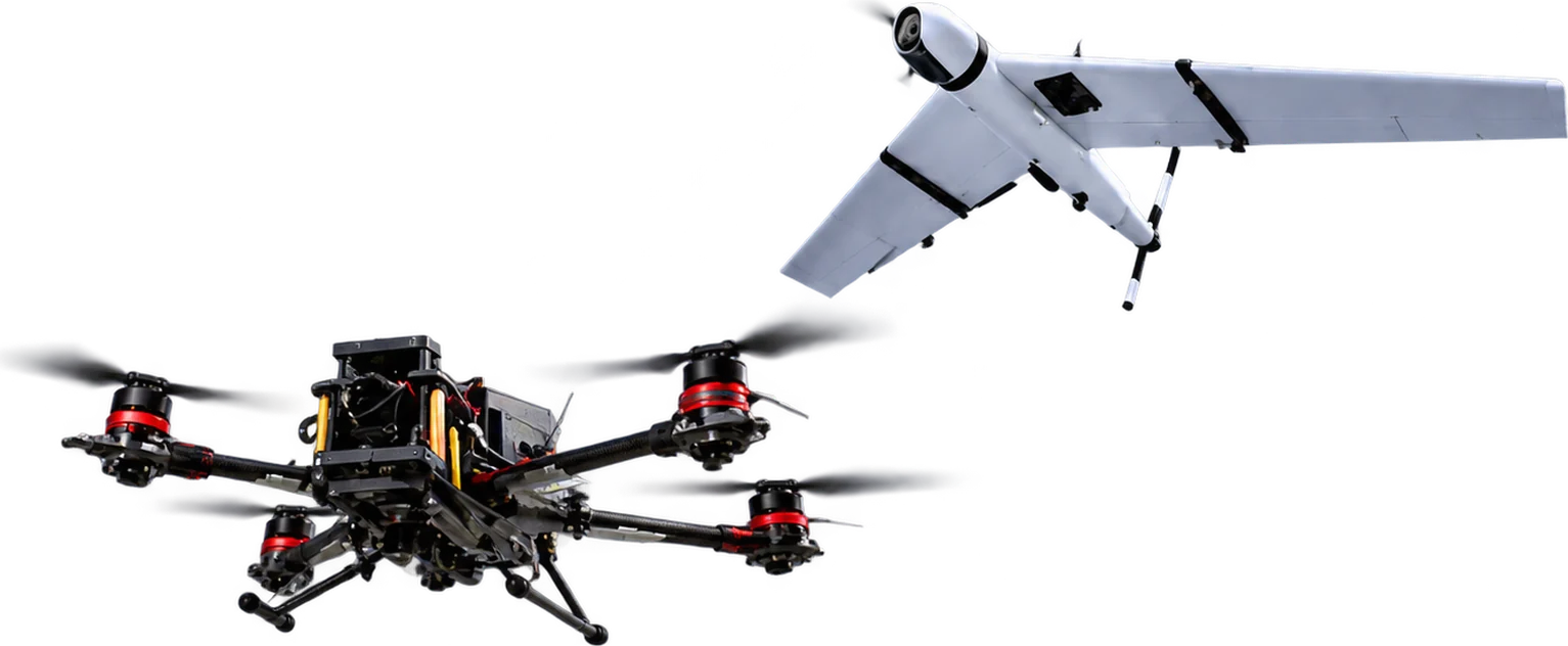 Multirotor and fixed-wing UAVs flown by OptiPilot
