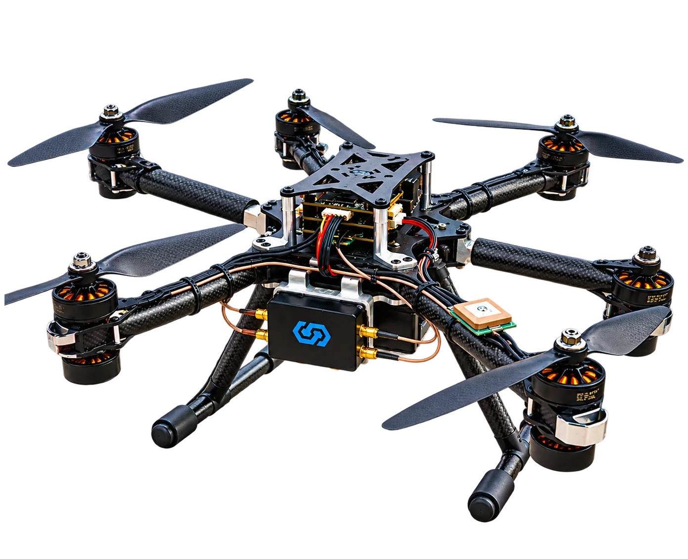 Hexacopter carrying the SunStone anti-jamming module