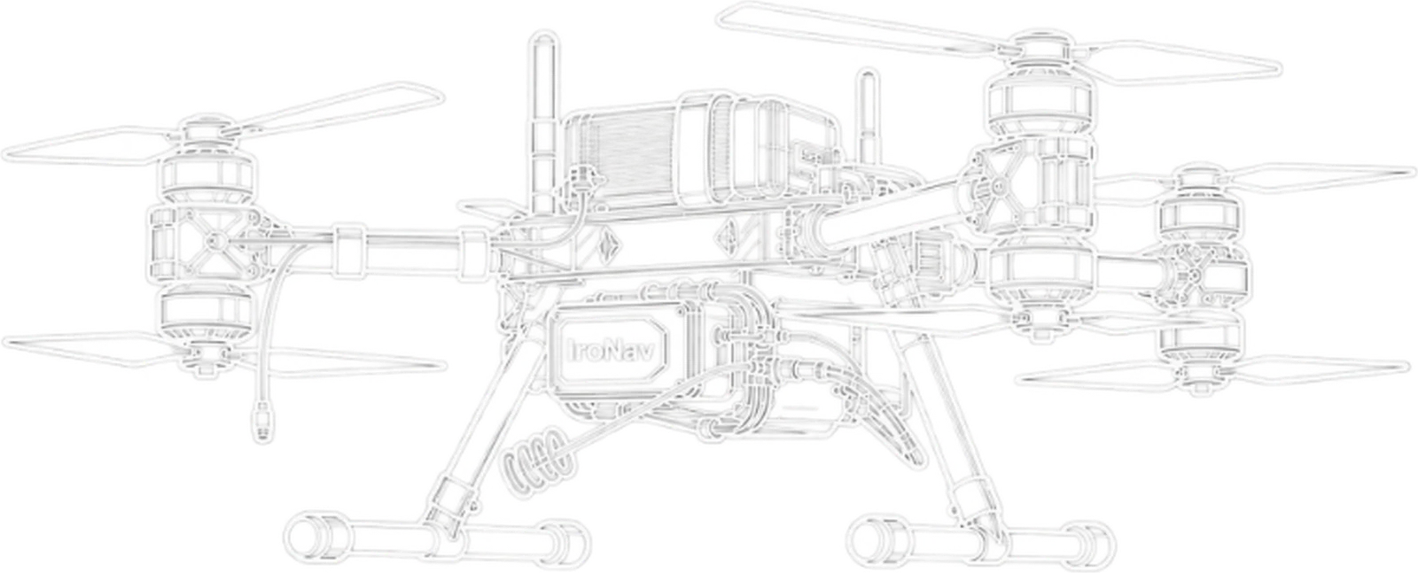 Wireframe render of a drone fitted with IroNav